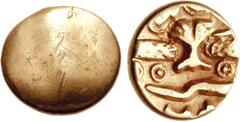 CELTIC, Northeast Gaul. Morini. Circa 58-50 BC. AV Quarter Stater (1.36 g). Uniface Tree Type. Plain obverse / Central bar bisected by rooted tree; pellet-in-annulet and two shield-like ornaments abov
