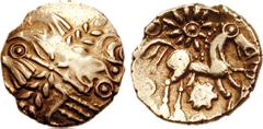 CELTIC, Britain. Atrebates & Regni. Uninscribed. Circa 75-45 BC. AV Quarter Stater (1.18 g, 3h). Atrebatic abstract type, circa 55-45 BC. Abstract head of Apollo right; spike with central pellet and s