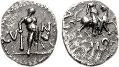 CELTIC, Britain. Trinovantes & Catuvellauni. Cunobelin. Circa AD 10-43. AR Unit (1.12 g, 12h). Expansion period, AD 20-43. CV-NO, Herakles standing facing, holding club and lion skin / TAS-CIO-[VA], C
