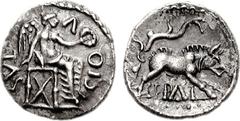 CELTIC, Britain. Trinovantes & Catuvellauni. Epaticcus. Circa AD 35-43. AR Unit (1.29 g, 12h). TAS-CIO-V, Victory seated right on chair, holding wreath / EPAT, boar charging right; tree branch above. 