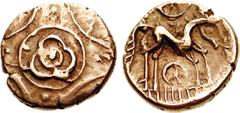 CELTIC, Britain. Iceni. Uninscribed. Circa 65-1 BC. AV Stater (5.49 g). Late Freckenham type, circa 45-40 BC. Flower in ring superimposed upon cross of pellets / Celticized horse right; six-spoked(?) 