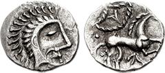 CELTIC, Britain. Iceni. Queen Boudicca. Circa AD 61. AR Unit (1.23 g, 6h). Celticized head right; trefoil ornament to right, branch emblem behind neck (mostly off-flan) / Celticized horse right; wheel