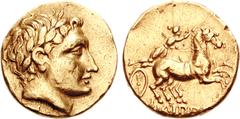 KINGS of MACEDON. Philip II. 359-336 BC. AV Stater (8.51 g, 1h). Uncertain mint. Struck mid-late 3rd century BC. Laureate head of Apollo right with individualized features / Female charioteer driving 