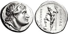 KINGS of MACEDON. Demetrios I Poliorketes. 306-283 BC. AR Tetradrachm (17.23 g, 10h). Demetrias mint. Struck circa 290-289 BC. Diademed and horned head right with elderly features / Poseidon standing 