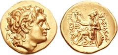 KINGS of MACEDON. Ptolemy Keraunos. 281-279 BC. AV Stater (8.58 g, 6h). Lysimacheia mint. Struck in the name of Lysimachos of Thrace, 281-280 BC. Diademed head of the deified Alexander right / BASILEW