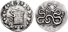 IONIA, Ephesos. Circa 180-67 BC. AR Tetradrachm (12.59 g, 1h). Cistophoric standard. Struck circa 140-137 BC. Cista mystica with serpent; all within ivy wreath / Two serpents entwined around bow case;