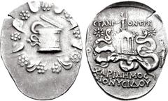 LYDIA, Tralleis. C. Fannius. Praetor, 49/8 BC. AR Tetradrachm (12.48 g, 12h). Cistophoric standard. Charidemos, son of Dionysides, magistrate. Cista mystica with serpent; all within ivy wreath / Hexas