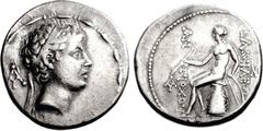 SELEUKID KINGS of SYRIA. Antiochos V Eupator. 164-162 BC. AR Tetradrachm (16.72 g, 1h). Ake Ptolemais mint. Diademed head right; monogram behind head / Apollo Delphios seated left; monograms to outer 