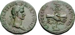 Nerva. AD 96-98. Æ Sestertius (27.38 g, 6h). Struck AD 96. Laureate head right / Clasped hands; behind, aquila set on prow. RIC II 54; Banti 5. Good VF, choice green patina. Finely engraved portrait. 