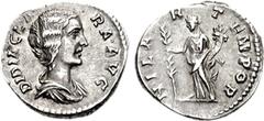 Didia Clara. Augusta, AD 193. AR Denarius (3.31 g, 1h). DIDIA CL-ARA AVG, draped bust right / HILA-R TEMPOR, Hilaritas standing left, holding branch and cornucopiae. RIC IV 10 (Didius Julianus); BMCRE