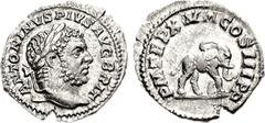 Caracalla. AD 198-217. AR Denarius (2.14 g, 12h). Struck circa AD 214. Laureate head right / Elephant walking right. Cf. RIC IV 199; K. Elks, “Coins of Caracalla with Altered Dies,” NC 1973, pp. 222-2