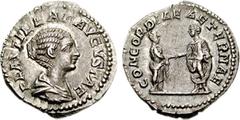 Plautilla. Augusta, AD 202-205. AR Denarius (3.38 g, 6h). Struck AD 202. Draped bust right / Caracalla and Plautilla standing hand-in-hand. RIC IV 361; RSC 10. Good VF, toned. From the Dr. Robert B. B