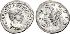 Aquilia Severa. Augusta, AD 220-221 & 221-222. AR Denarius (2.97 g, 6h). Draped bust right / Concordia standing left, holding patera and double cornucopiae; lighted altar to her left; star in left fie