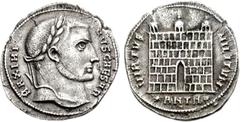 Maximinus II. As Caesar, AD 305-309. AR Argenteus (3.23 g, 11h). Antioch mint. Struck AD 305. MAXIMI-NVS CAESAR, Laureate head right / VIRTVS MILITVM, camp gate of three turrets with open arch and no 