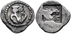 Greek THESSALY, Larissa. Circa 462/1-460 BC. AR Hemiobol (10mm, 0.51 g, 3h). Hoof of bull downward / Λ-Α, head of bridled horse right; all within incuse square. Liampi, Corpus, Group II.I.G, 5 (V5/R3 