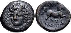 Greek THESSALY, Larissa. Circa 356-337 BC. Æ Tetrachalkon (20.5mm, 9.18 g, 1h). Head of the nymph Larissa facing slightly left, hair in ampyx / Bridled horse prancing right; boukranion below, ΛΑΡΙ-[Σ]
