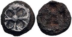 Greek ATTICA, Athens. Circa 515-510 BC. Fourrée Hemiobol (7mm, 0.37 g). "Wappenmünzen" type. Wheel with four spokes / Quadripartite incuse square, divided diagonally. For prototype, cf. Seltman pl. IV