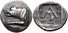 Greek ARGOLIS, Argos. Circa 90-40 BC. AR Triobol – Hemidrachm (15mm, 2.22 g, 9h). Hieron, magistrate. Forepart of wolf at bay left / Large A; magistrate's name across field; below, eagle standing righ
