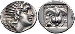 Greek ISLANDS off CARIA, Rhodos. Rhodes. Circa 170-150 BC. AR Drachm (16.5mm, 2.84 g, 12h). 'Plinthophoric' coinage. Thrasymenes, magistrate. Radiate head of Helios right / Rose with bud to right; ΘPA