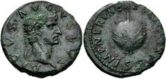 Roman Imperial Divus Augustus. Died AD 14. Æ Dupondius (28mm, 12.52 g, 6h). Restitution issue. Rome mint. Struck under Nerva, AD 98. Radiate head of Divus Augustus right / Rudder on globe. RIC II 131 
