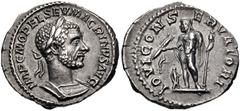 Roman Imperial Macrinus. AD 217-218. AR Denarius (20mm, 3.09 g, 6h). Rome mint. 1st emission, AD 217. Laureate and cuirassed bust right / Jupiter standing left, holding thunderbolt and scepter; at fee