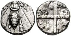 IONIA, Ephesos. Circa 335-320 BC. AR Drachm (13mm, 2.99 g). Bee with straight wings / Quadripartite incuse divided by two broad bands, magistrate’s name KTHΣΩ[N(?)] on horizontal band. See Pixodarus p