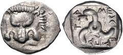 Greek DYNASTS of LYCIA. Mithrapata. Circa 390-370 BC. AR Sixth Stater (13mm, 1.06 g). Uncertain mint. Facing lion scalp / Triskeles; astragalos in one section; all within incuse square. Müseler VII 81