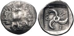 Greek DYNASTS of LYCIA. Mithrapata. Circa 390-370 BC. AR Twenty-fourth Stater (8mm, 0.30 g). Uncertain mint. Facing lion scalp / Triskeles within incuse square. Cf. Müseler VII 91–2 (sixth staters); S