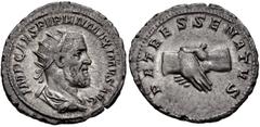 Roman Imperial Pupienus. AD 238. AR Antoninianus (22mm, 4.12 g, 6h). Rome mint. 2nd emission. IMP CAES PVPIEN MAXIMVS AVG, radiate, draped, and cuirassed bust right / PATRES SENATVS, clasped right han