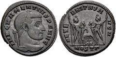 Roman Imperial Maxentius. AD 307-312. Æ Follis (25mm, 7.03 g, 6h). Ostia mint, 3rd officina. 1st emission, AD 308-309. Laureate head right / Castor and Pollux standing facing one another, each holding