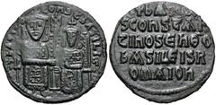Byzantine Basil I the Macedonian, with Constantine. 867-886. Æ Follis (25mm, 5.00 g, 6h). Constantinople mint. Struck 868-870. Crowned figures of Basil and Constantine enthroned facing, each wearing l