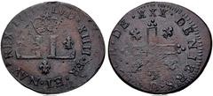 World FRANCE, Royal. Louis XIV le Roi Soleil (the Sun King). 1643–1715. CU 30 Deniers – Mousquetaire (25mm, 4.26 g, 6h). Contemporary counterfeit. Copying a Lyon mint issue. Dated 1711 D. Crowned oppo