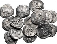 Large Lots GREEK. Levant & the Near East. Lot of fifty (50) Mithrapata AR Diobols. All coins: DYNASTS of LYCIA, Mithrapata. Circa 390-370 BC. AR Diobol. Facing lion's scalp / Triskeles within incuse s