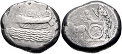 Greek PHOENICIA, Sidon. Uncertain king. Early-mid 4th century BC. AR Dishekel (29mm, 25.71 g, 6h). Contemporary imitation. Phoenician galley left; waves below / King of Persia and driver in chariot dr