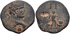 Roman Provincial ACHAEA, Patrae. Septimius Severus. AD 193-211. Æ (25mm, 6.24 g, 11h). Laureate and cuirassed bust right; c/m: cap of the Dioscuri within rectangular incuse / Harbour scene viewed from