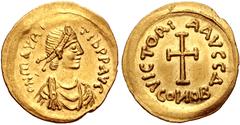 Byzantine Maurice Tiberius. 582-602. AV Tremissis (14.7mm, 1.46 g, 6h). Carthage or Sicilian mint. Dated IY 4 (585/6). Diademed, draped, and cuirrased bust right / Cross potent; Δ//CONOB. DOC 236 (Car