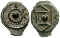 CELTIC, Britain. Circa mid-1st century BC. Cast Potin 13mm (1.08 g). Uninscribed series, ‘Class II’ type. Stylized profile head left / Stylized bull standing left. Hobbs 715-6; Van Arsdell 136-1. Supe