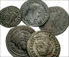 [Roman Imperial] Lot of five ROMAN FOLLES. Lot includes: Diocletian. 284-305 AD. Antioch mint. Laureate head right / Genius standing facing, head left, emptying patera. RIC VI 54a // Galerius. As Caes