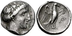 ELIS, Olympia. 111th-110th Olympiad. 336/2 BC. AR Hemidrachm (15mm, 2.82 g). Hera mint. Head of Hera right / Eagle standing right with open wings; F before. BCD 336.10 (this coin, same obverse die as 
