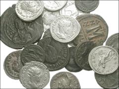 Lot of twenty-six miscellaneous coins, AR, Æ and one AV. 17 Antoniniani, 5 later Roman, 3 Byzantine, a Republican Æ, and a gold Fanam. Roman Republic. Circa 215-212 BC. Æ Semuncia. Mercury / Prow // A