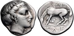 Greek THESSALY, Larissa. Circa 365-356 BC. AR Hemidrachm (14.5mm, 2.87 g, 8h). Head of the nymph Larissa right, wearing earring / ΛΑΡΙ, bridled horse standing left, preparing to lie down; plant below,