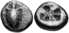 Greek ISLANDS off ATTICA, Aegina. Circa 525-475 BC. AR Triobol – Hemidrachm (10.5mm, 2.42 g). Sea turtle, head in profile, with thick collar [and row of dots down its back] / Incuse square of 'Union J