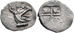 Greek IONIA, Teos. Circa 500-450 BC. AR Tetartemorion (8mm, 0.23 g). Head of griffin right / Quadripartite incuse square. Matzke Group Ca3; Balcer Group XXXIII; SNG Copenhagen –. EF, light porosity. E