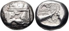 Greek LYCIA, Phaselis. Circa 500-440 BC. AR Stater (18.5mm, 10.92 g, 12h). Prow of galley left in the form of a forepart of a boar / Stern of galley right within incuse square. Heipp-Tamer Series 4, E