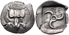 Greek DYNASTS of LYCIA. Aruwatijesi. Circa 400-370 BC. AR Sixth Stater (14mm, 1.18 g). Zagaba mint. Facing lion scalp / Triskeles; Z (mint mark) in one section; all within incuse square. Müseler VII 6