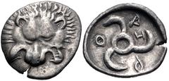Greek DYNASTS of LYCIA. Aruwatijesi. Circa 400-370 BC. AR Twelfth Stater (11.5mm, 0.67 g). Zagaba mint. Facing lion scalp / Triskeles; Z (mint mark) in one section; all within incuse circle. Müseler V