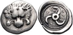 Greek DYNASTS of LYCIA. Trbbenimi. Circa 390-375 BC. AR Sixth Stater (14mm, 1.42 g). Wedrei mint. Facing lion scalp; triskeles below (only a trace visible) / Triskeles; F (W in Lycian; mintmark) in on