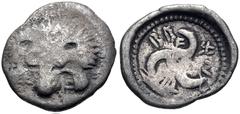 Greek DYNASTS of LYCIA. Trbbenimi. Circa 390-375 BC. AR Twelfth Stater (10mm, 0.70 g). Wedrei mint. Facing lion scalp / Triskeles; F (W in Lycian; mintmark) in one section; all within incuse circle. T