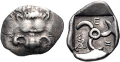 Greek DYNASTS of LYCIA. Mithrapata. Circa 390-370 BC. AR Sixth Stater (14.5mm, 1.46 g). Uncertain mint. Facing lion scalp / Triskeles; small triskeles in one section; all within incuse square. Unpubli