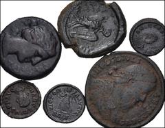 Large Lots MIXED. Greek–Roman Imperial. Lot of six (6) bronze coins. Includes: GREEK: Sicily, Syracuse. Agathokles. Æ 22mm. HGC 2, 1537 // Hiketas II. Æ 22mm. HGC 2, 1448 // ROMAN IMPERIAL: Julian II.